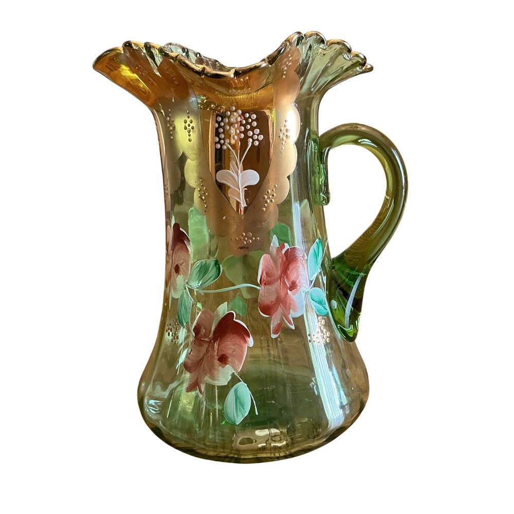 Vintage Bohemian Green Glass Pitcher & 6 Glasses Hand Painted Floral Gold Set - Picture 4 of 16